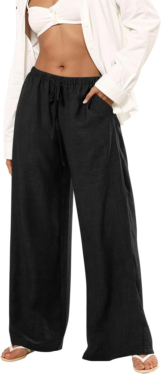 Wide Leg Pants Woman Summer Low Rise Drawstring Palazzo Pants Baggy Comfy Lightweight Boho Beach Trouser with Pockets