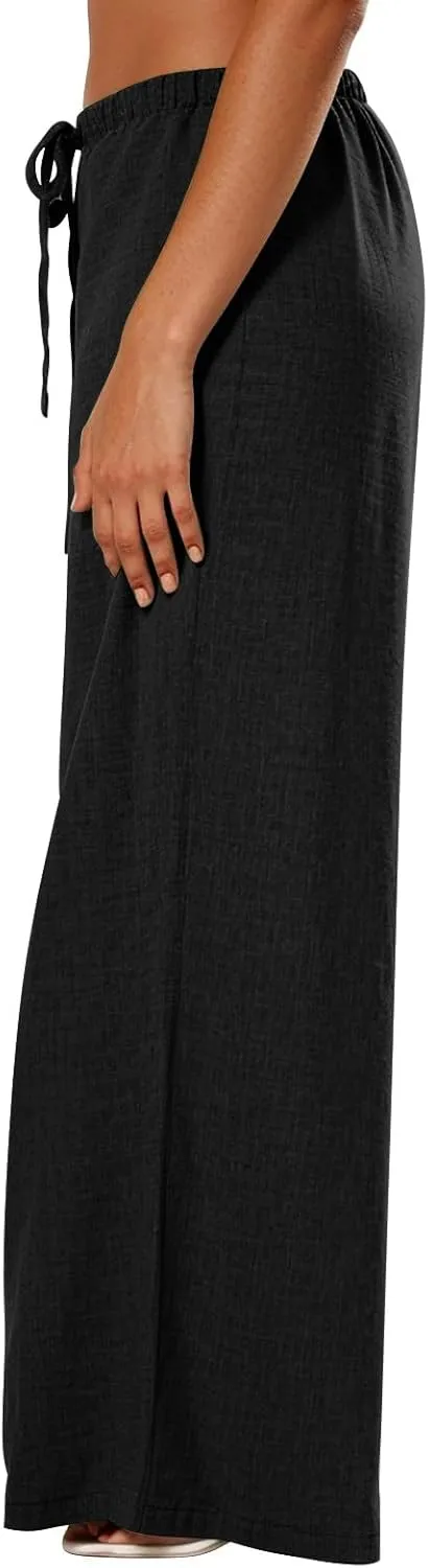 Wide Leg Pants Woman Summer Low Rise Drawstring Palazzo Pants Baggy Comfy Lightweight Boho Beach Trouser with Pockets