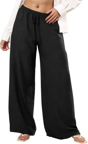 Wide Leg Pants Woman Summer Low Rise Drawstring Palazzo Pants Baggy Comfy Lightweight Boho Beach Trouser with Pockets