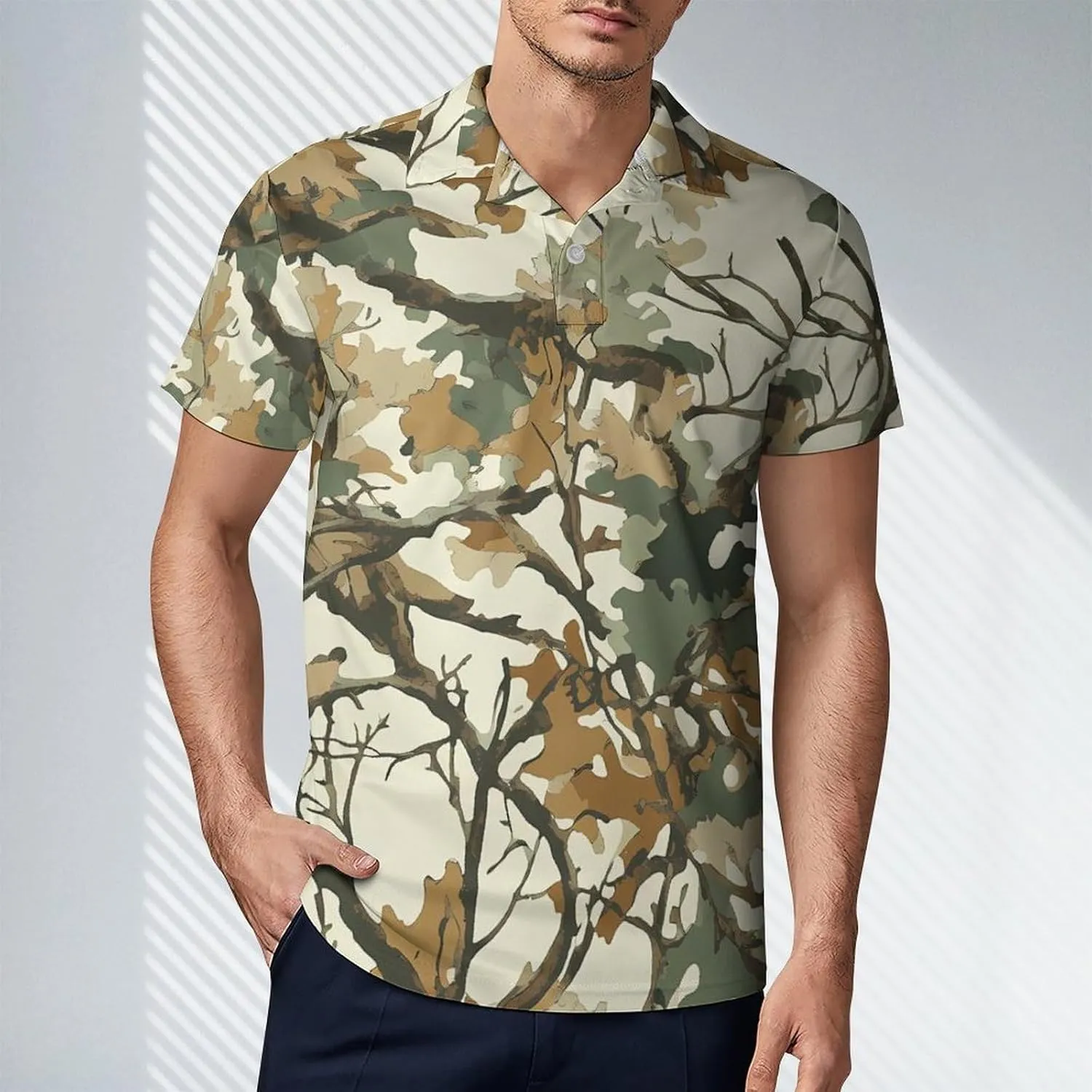 Winter Tree Camouflage Men's Polo Shirt Short Sleeve Casual Athletic Quick Dry Golf T-Shirts