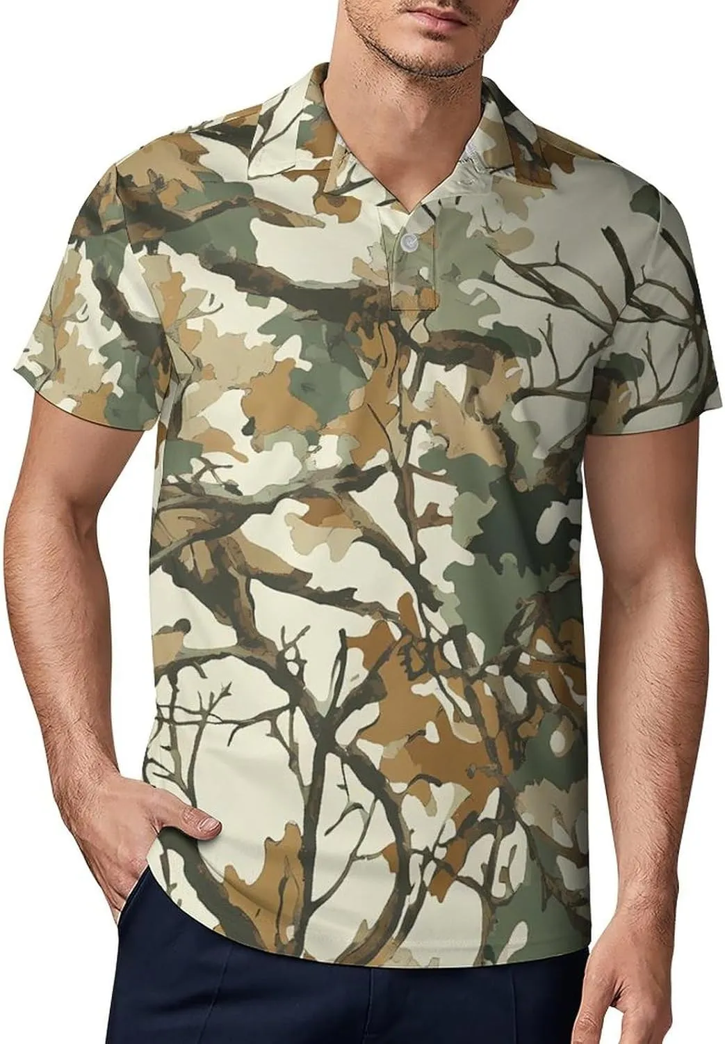 Winter Tree Camouflage Men's Polo Shirt Short Sleeve Casual Athletic Quick Dry Golf T-Shirts