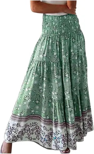 Women Boho Skirts Flowy Maxi Skirt A Line Midi Skirts Vintage Floral Skirts Casual Summer Skirt Comfy Beach Skirt