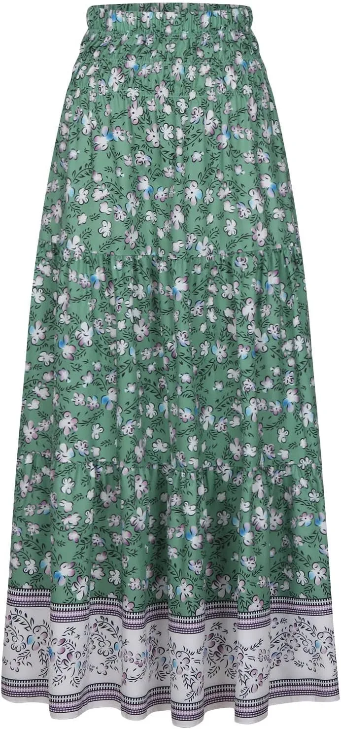 Women Boho Skirts Flowy Maxi Skirt A Line Midi Skirts Vintage Floral Skirts Casual Summer Skirt Comfy Beach Skirt