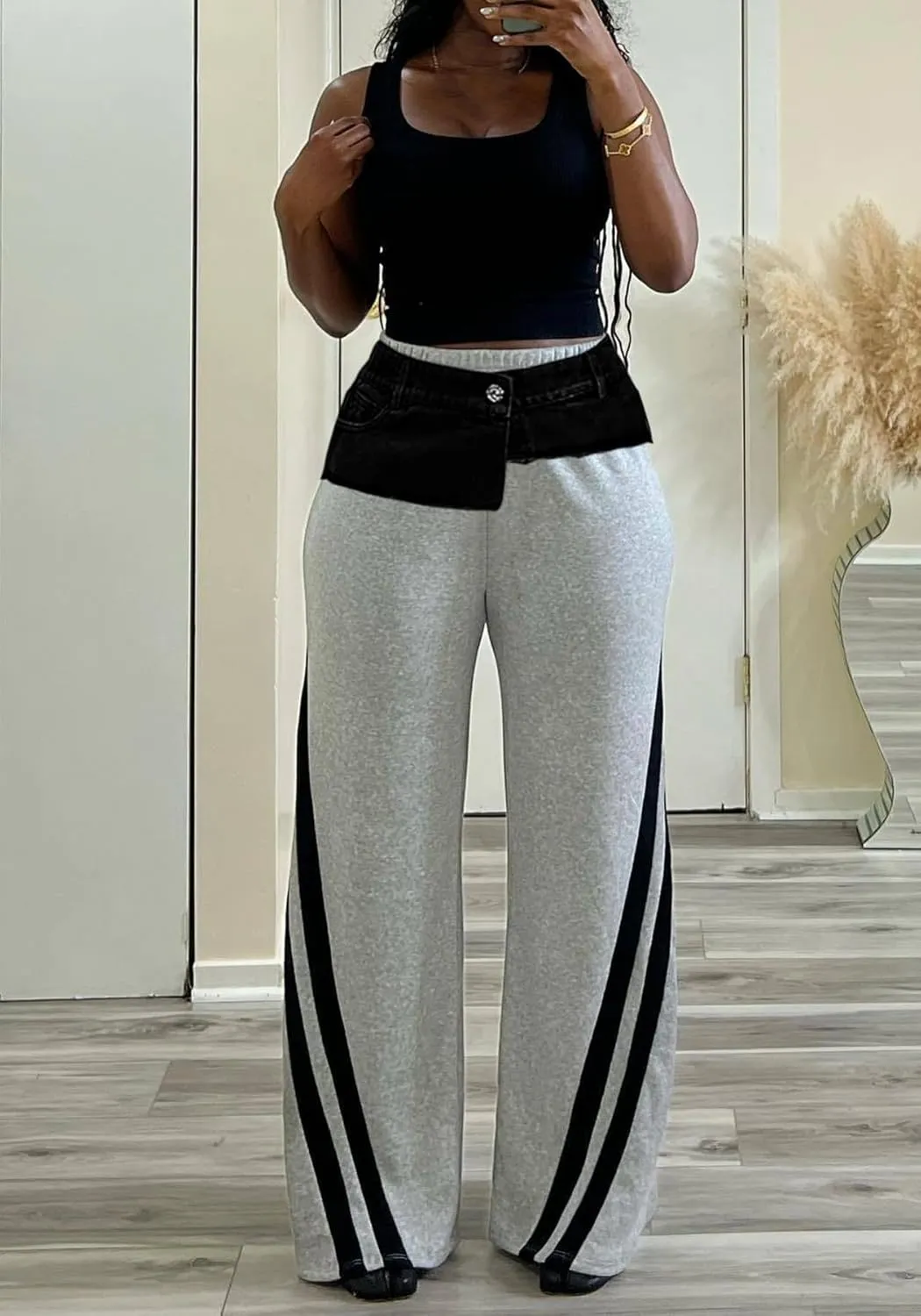 Women Cargo Sweatpants Denim High Waisted Baggy Wide Leg Boyfriend Loose Striped Pants Y2k