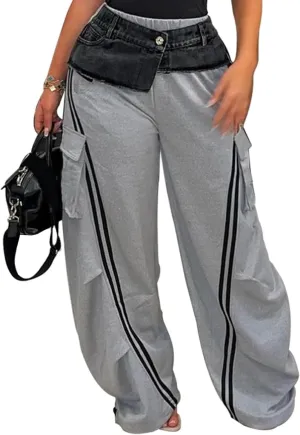 Women Cargo Sweatpants Denim High Waisted Baggy Wide Leg Boyfriend Loose Striped Pants Y2k