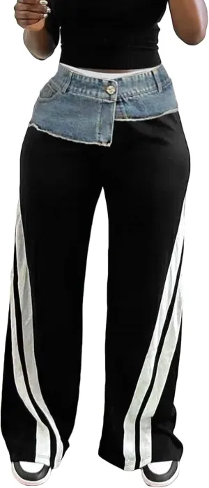 Women Cargo Sweatpants Denim High Waisted Baggy Wide Leg Boyfriend Loose Striped Pants Y2k