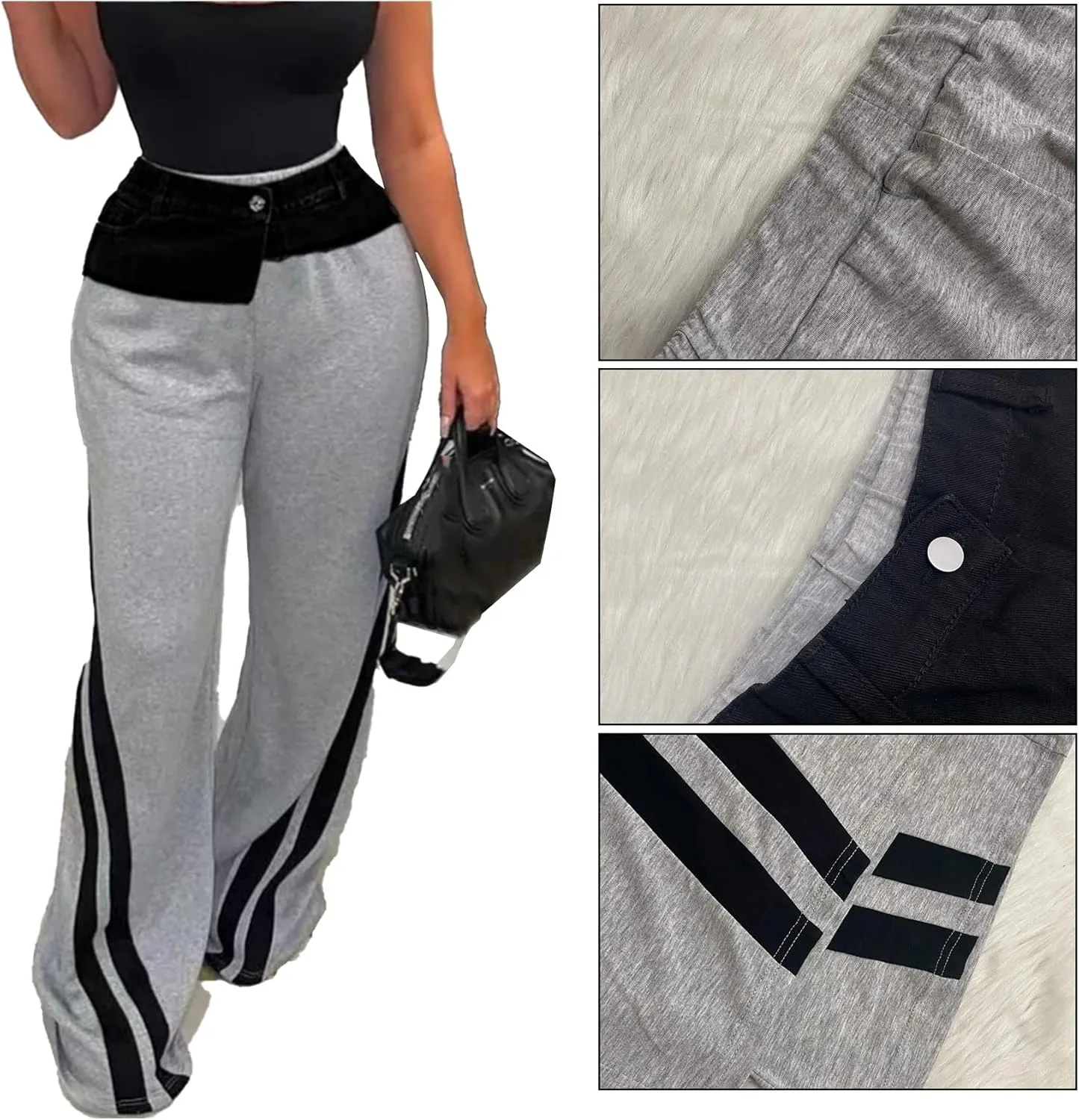 Women Cargo Sweatpants Denim High Waisted Baggy Wide Leg Boyfriend Loose Striped Pants Y2k