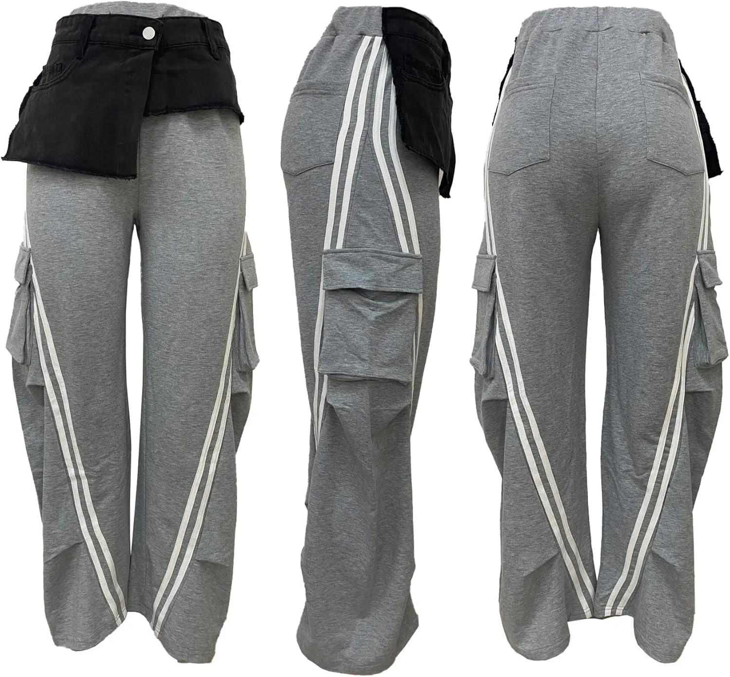 Women Cargo Sweatpants Denim High Waisted Baggy Wide Leg Boyfriend Loose Striped Pants Y2k
