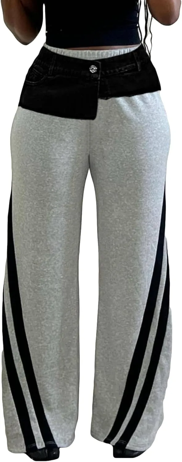 Women Cargo Sweatpants Denim High Waisted Baggy Wide Leg Boyfriend Loose Striped Pants Y2k