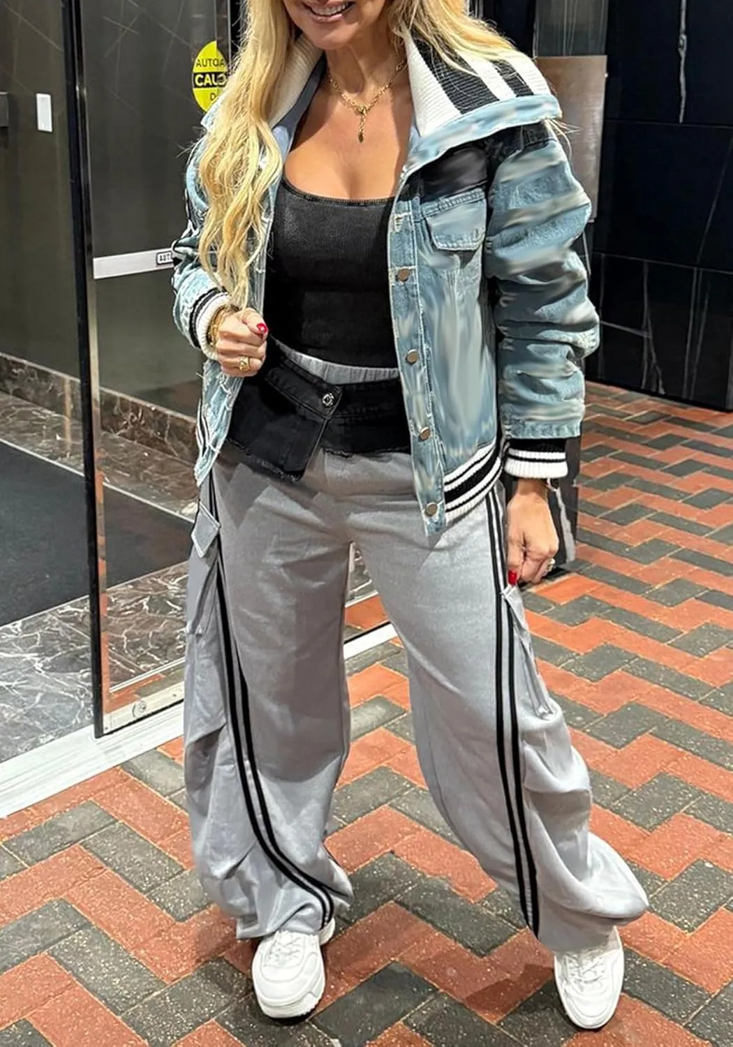 Women Cargo Sweatpants Denim High Waisted Baggy Wide Leg Boyfriend Loose Striped Pants Y2k