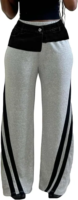 Women Cargo Sweatpants Denim High Waisted Baggy Wide Leg Boyfriend Loose Striped Pants Y2k