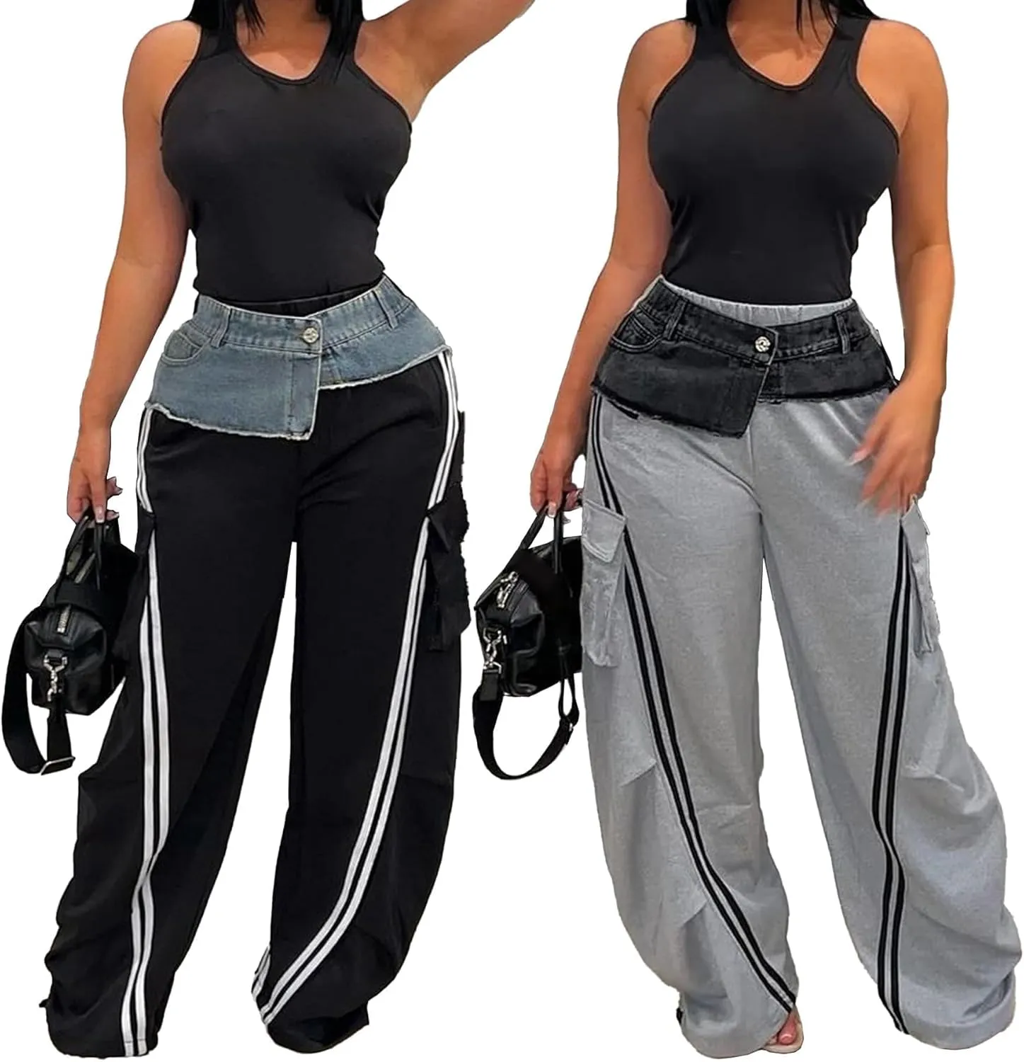 Women Cargo Sweatpants Denim High Waisted Baggy Wide Leg Boyfriend Loose Striped Pants Y2k