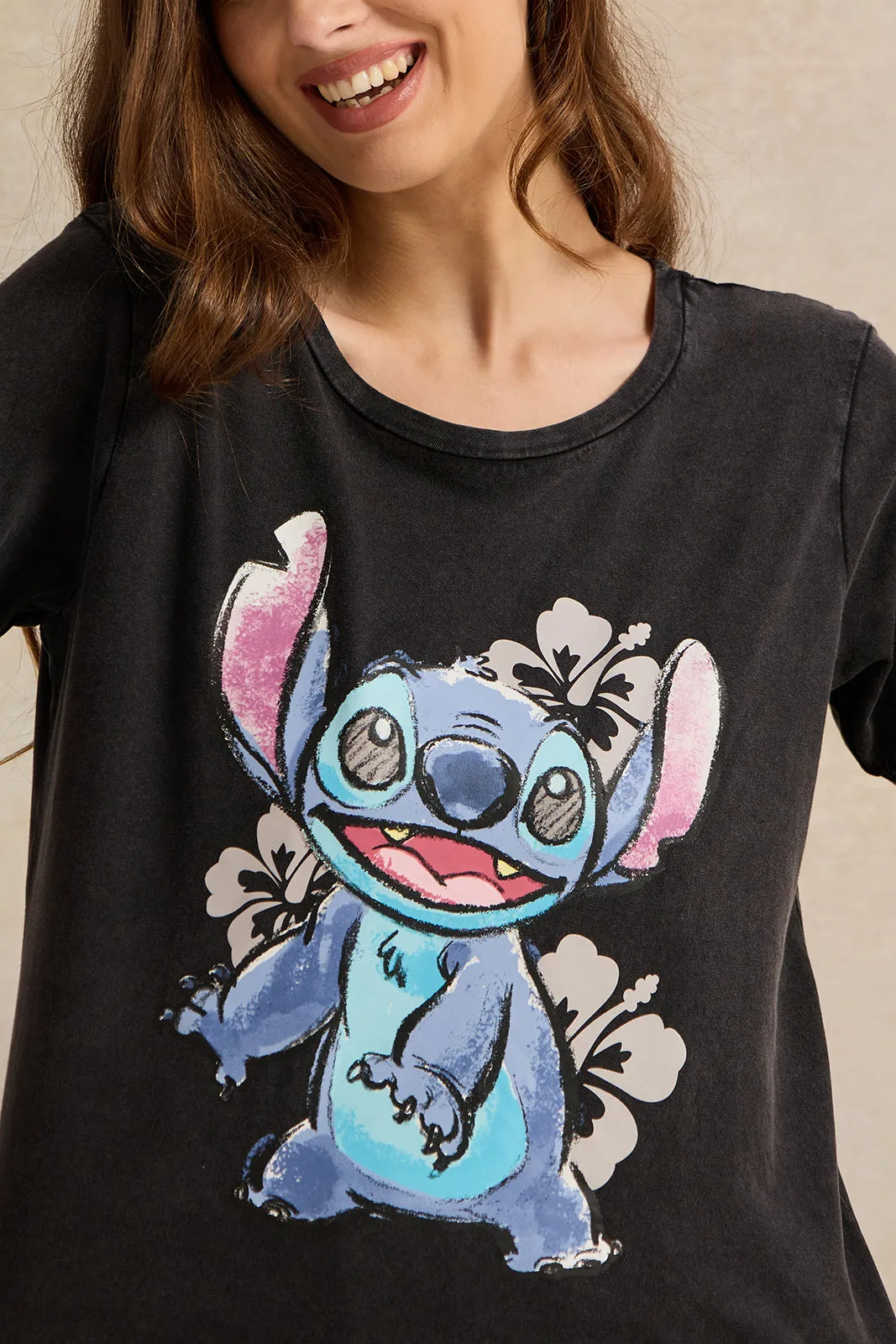 Women Charcoal Acid Wash Stitch Printed T-Shirt