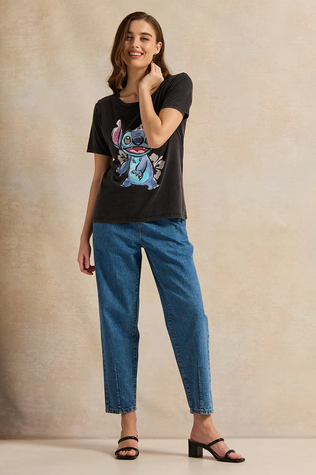 Women Charcoal Acid Wash Stitch Printed T-Shirt