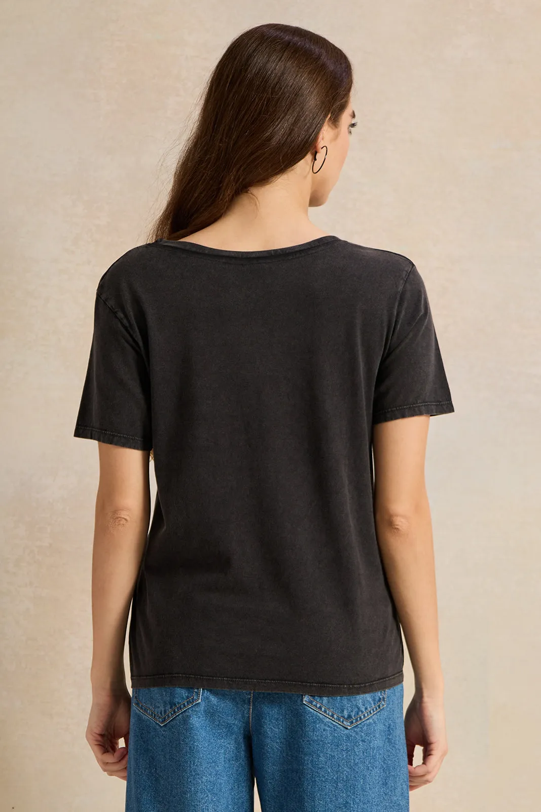 Women Charcoal Acid Wash Stitch Printed T-Shirt