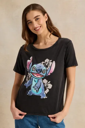 Women Charcoal Acid Wash Stitch Printed T-Shirt