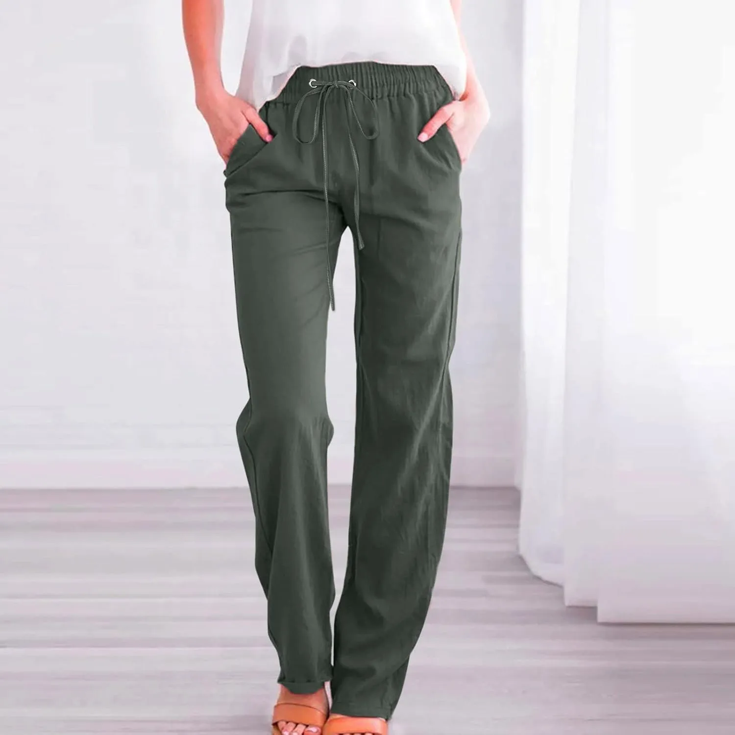 Women Cotton Linen Summer Baggy Pants Low Waist Wide Leg Plus Size Pant Trousers Office