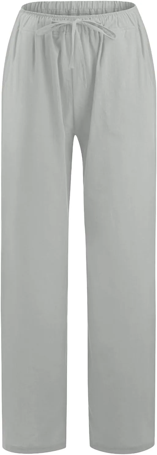 Women Cotton Linen Summer Floral Pants Elastic Waisted Bootcut Slim Fit Trouser Work Business