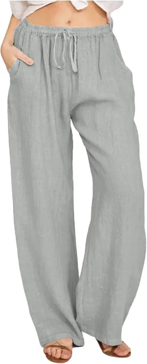 Women Cotton Linen Summer Floral Pants Elastic Waisted Bootcut Slim Fit Trouser Work Business