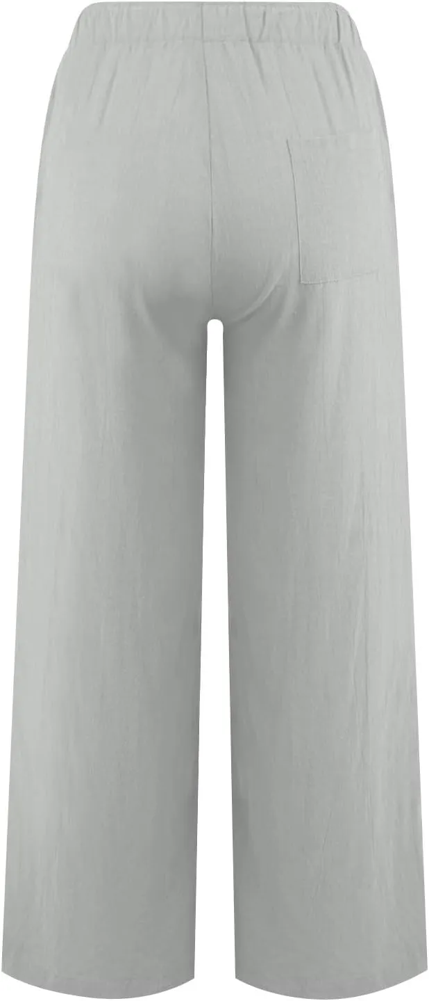 Women Cotton Linen Summer Floral Pants Elastic Waisted Bootcut Slim Fit Trouser Work Business