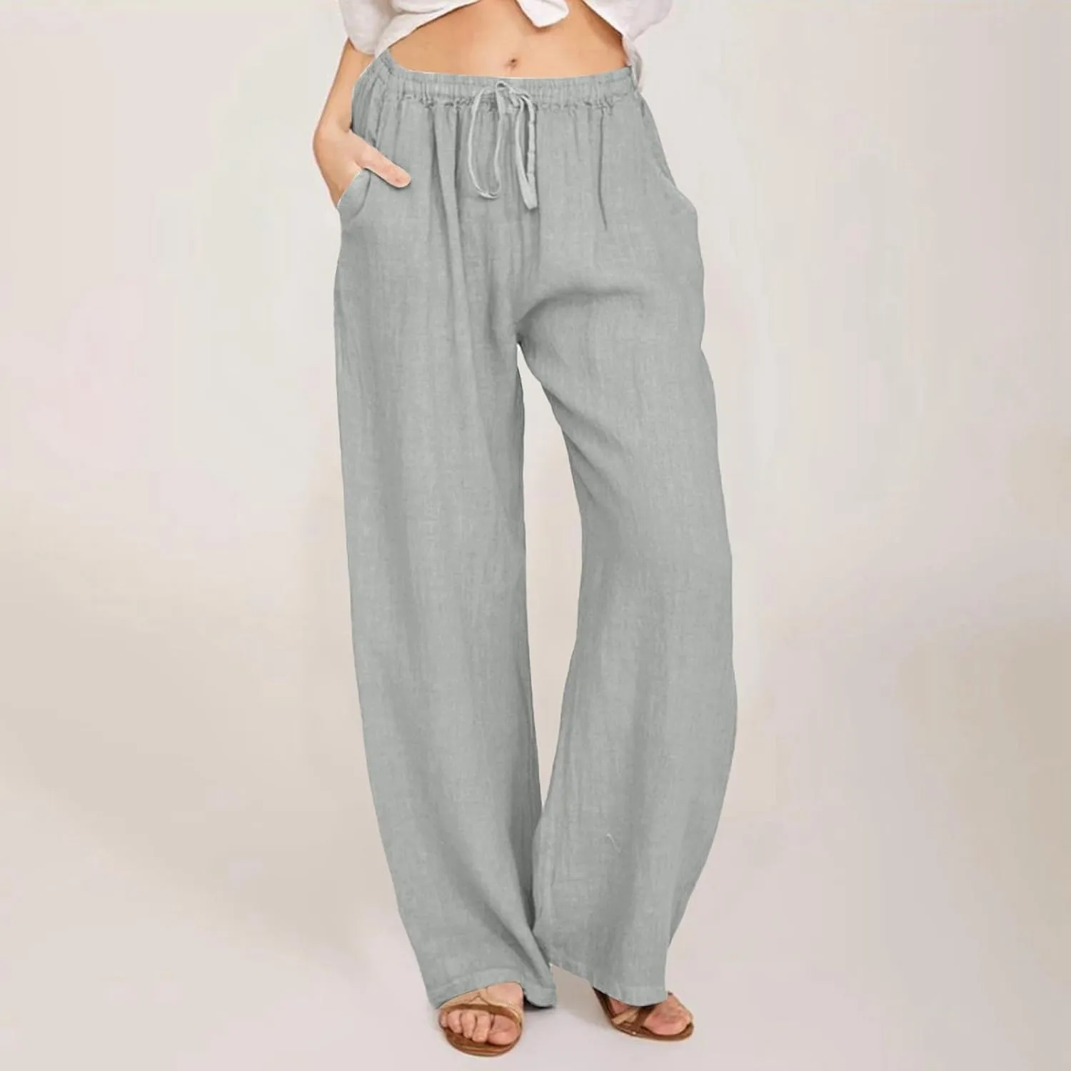 Women Cotton Linen Summer Floral Pants Elastic Waisted Bootcut Slim Fit Trouser Work Business