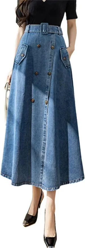 Women Double Breasted Denim Skirt with Belted High Wasit Casual A-Line Midi Umbrella Skirts