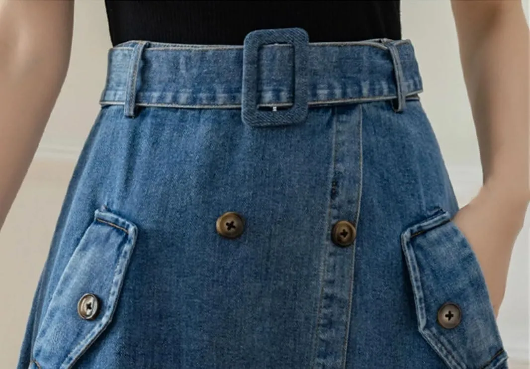 Women Double Breasted Denim Skirt with Belted High Wasit Casual A-Line Midi Umbrella Skirts