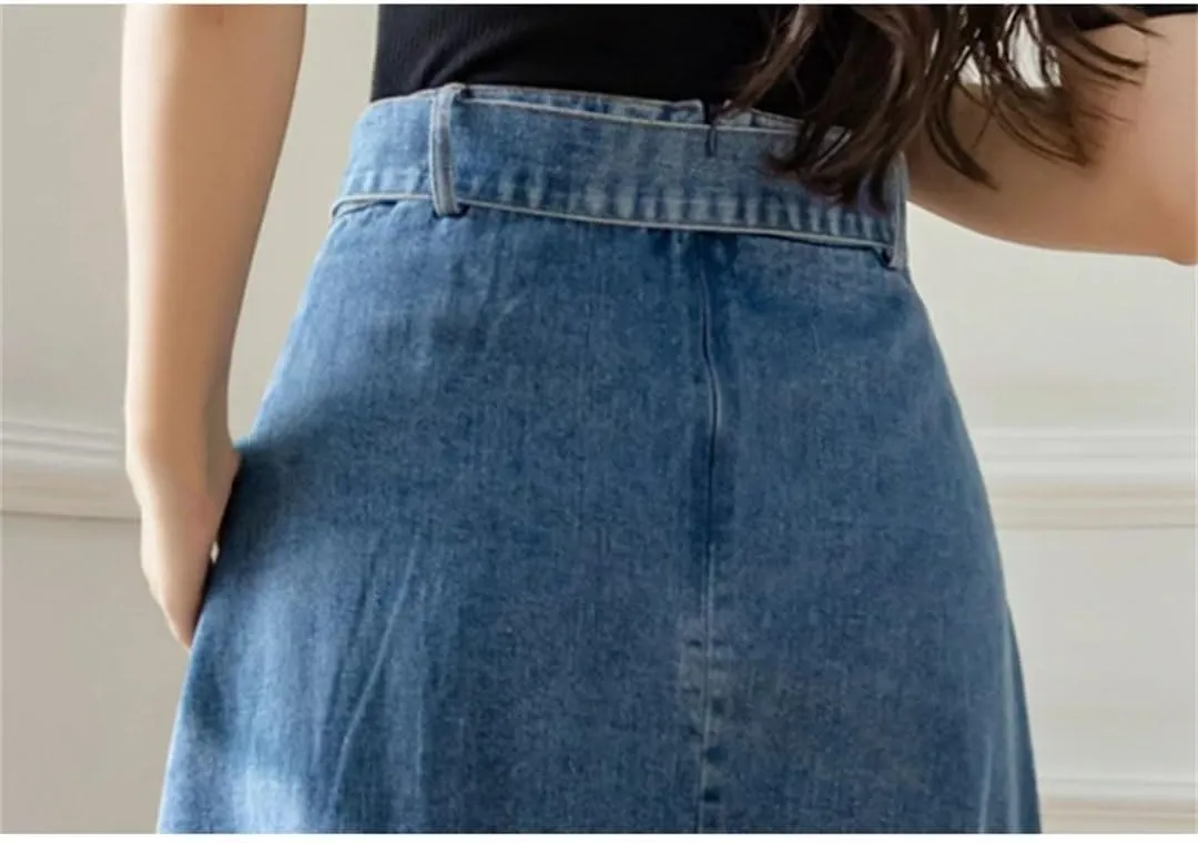 Women Double Breasted Denim Skirt with Belted High Wasit Casual A-Line Midi Umbrella Skirts