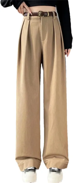 Women High Waist Straight Suit Pants Solid Color Button Belt Casual Slim Wide Leg Trousers