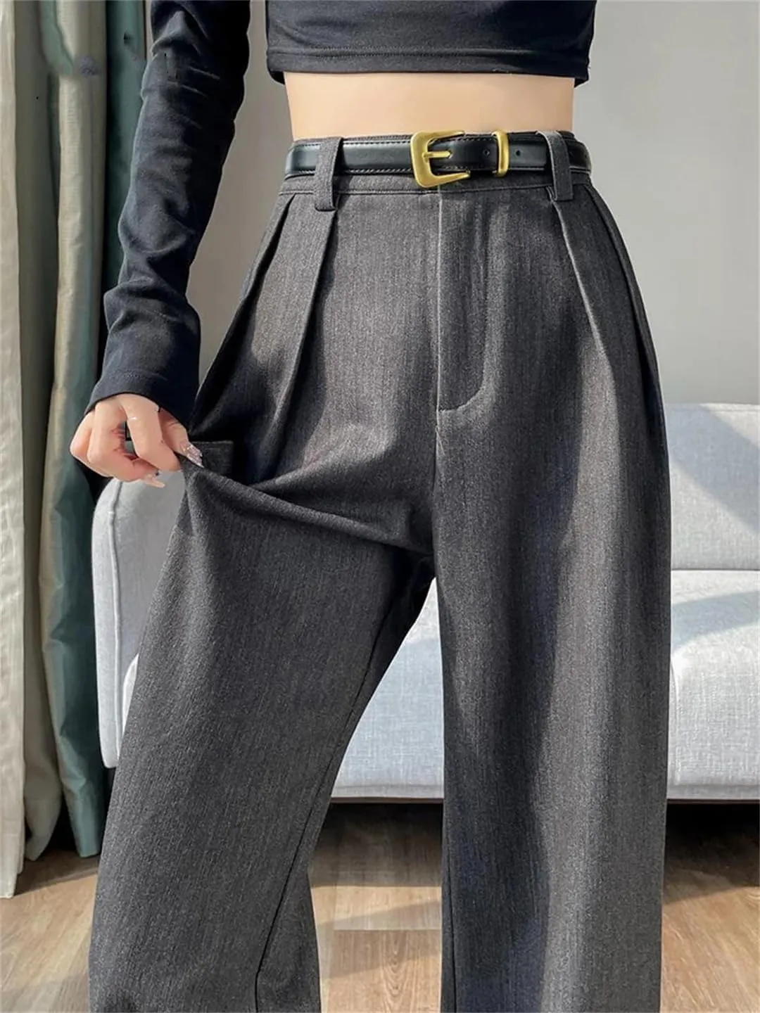 Women High Waist Straight Suit Pants Solid Color Button Belt Casual Slim Wide Leg Trousers
