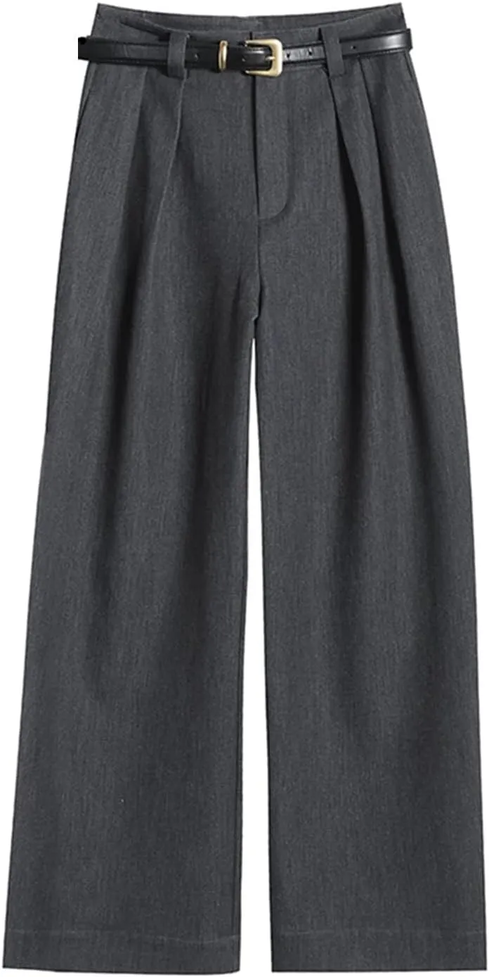 Women High Waist Straight Suit Pants Solid Color Button Belt Casual Slim Wide Leg Trousers