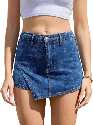 Women Jean Skort High Waisted Asymmetrical Front Skirt Mini Denim Skort Skirt with Pockets