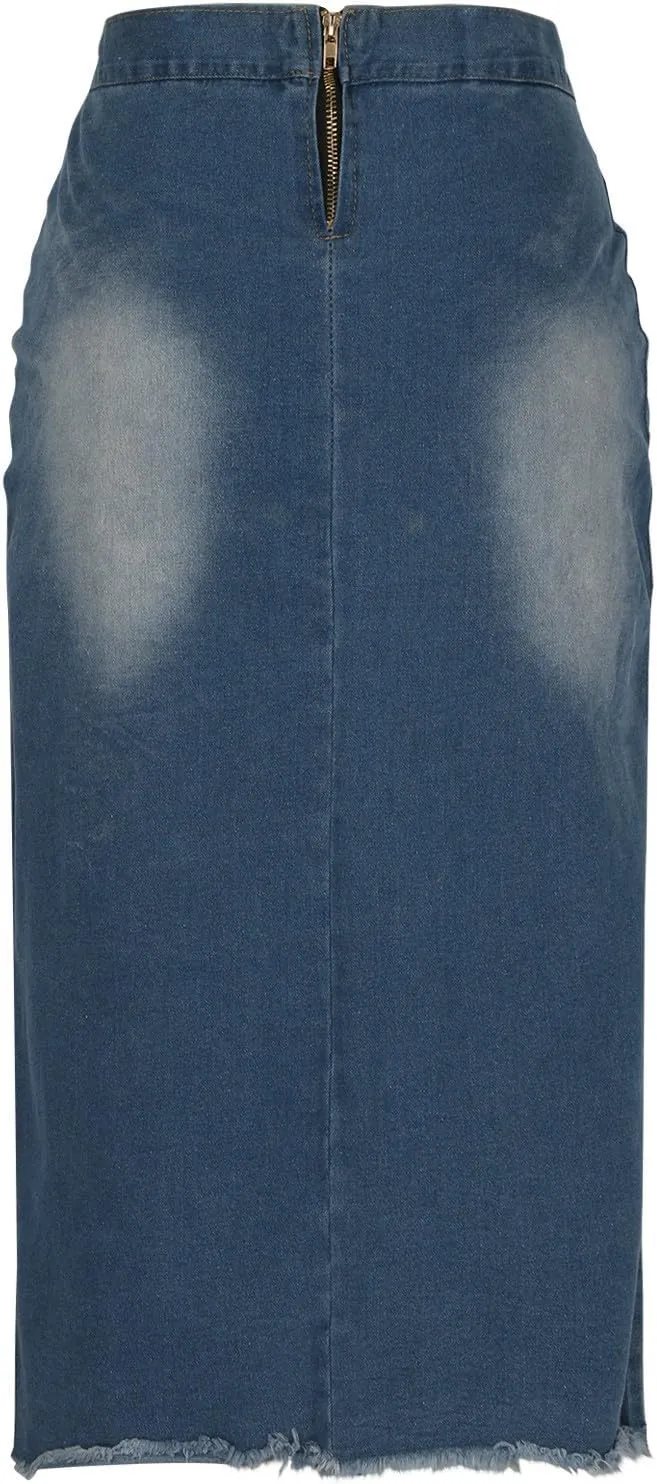 Women Lace-Up Front Split Denim Dressy High Waist Jean Pencil Skirts Fashion Distressed Raw Hem Slim Fit Midi Skirt