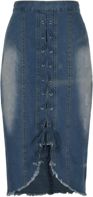 Women Lace-Up Front Split Denim Dressy High Waist Jean Pencil Skirts Fashion Distressed Raw Hem Slim Fit Midi Skirt