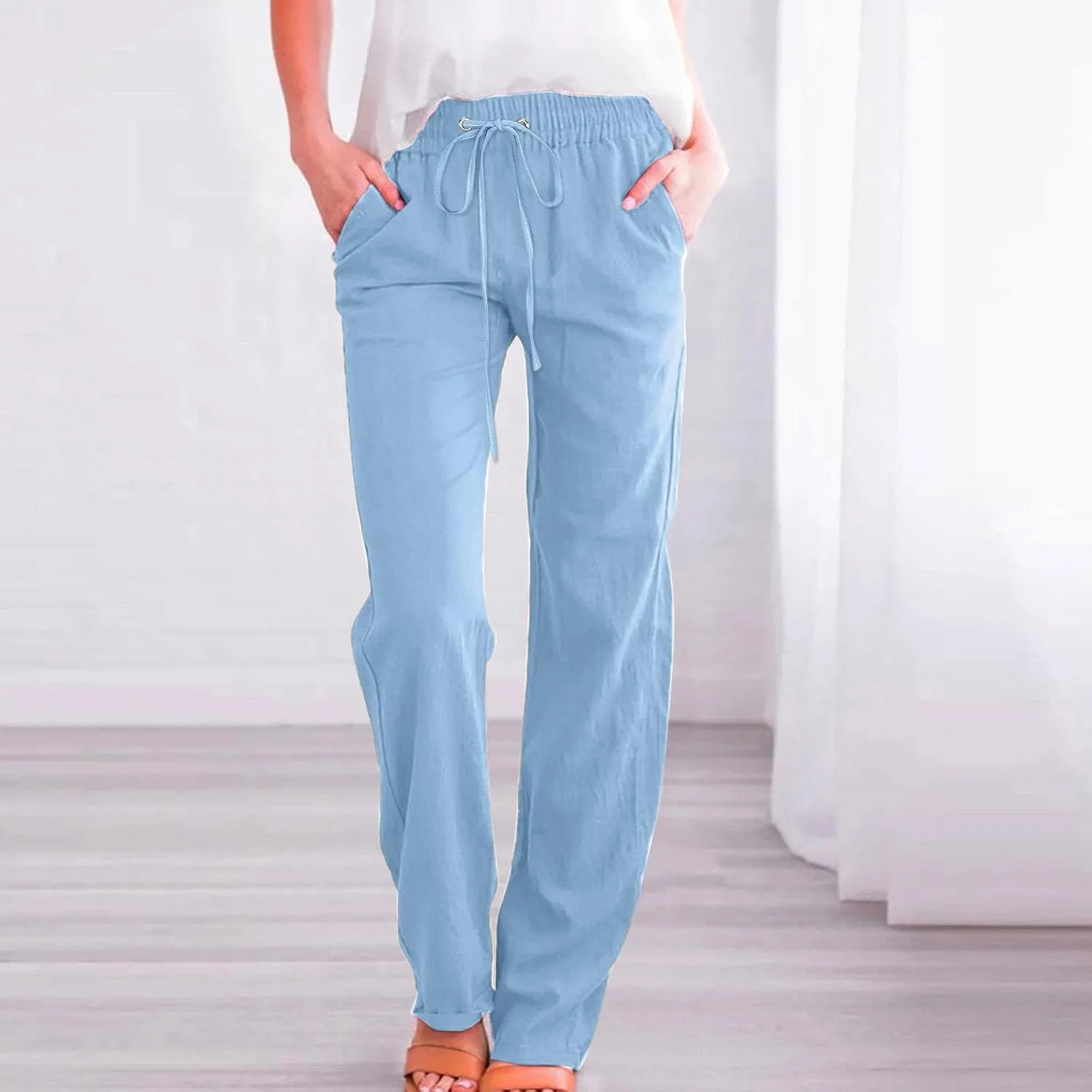 Women Linen Blend Summer Comfy Palazzo Pants Low Waist Wide Leg Loose Fit Palazzo Pants Work Business
