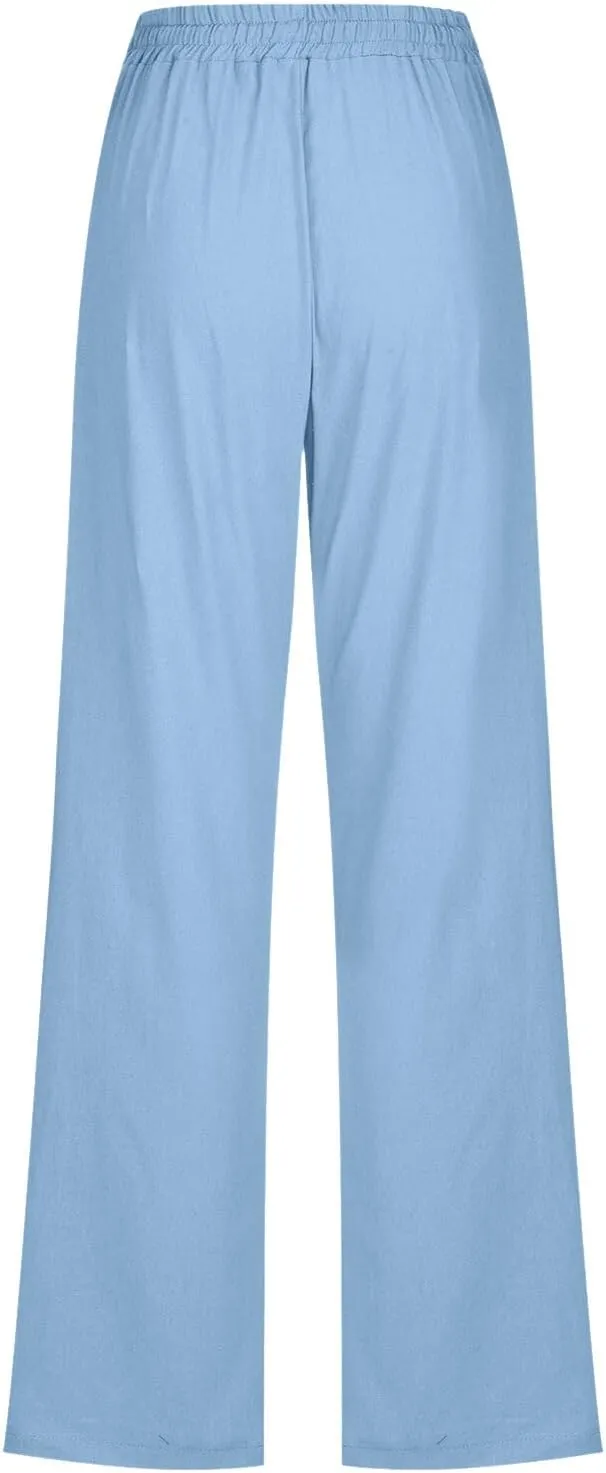 Women Linen Blend Summer Comfy Palazzo Pants Low Waist Wide Leg Loose Fit Palazzo Pants Work Business