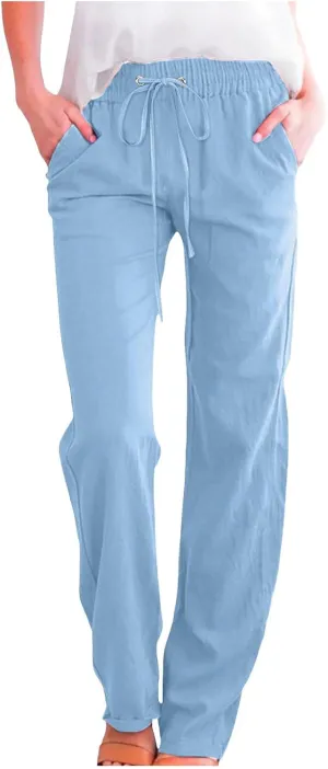 Women Linen Blend Summer Comfy Palazzo Pants Low Waist Wide Leg Loose Fit Palazzo Pants Work Business