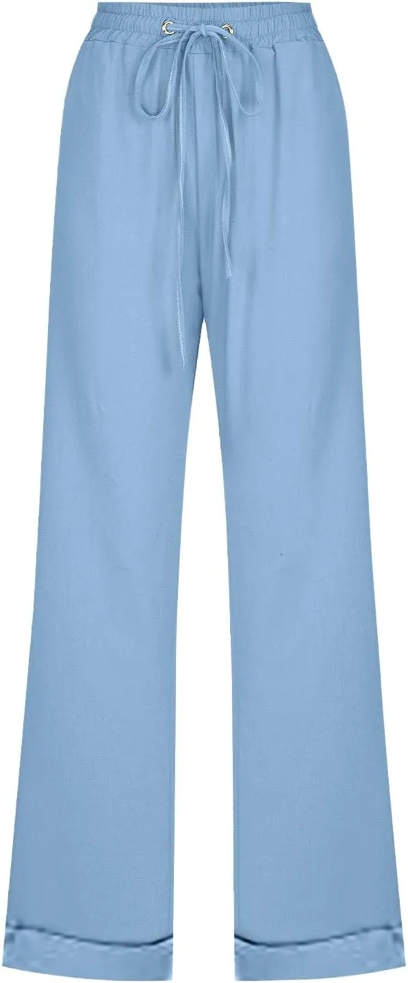 Women Linen Blend Summer Comfy Palazzo Pants Low Waist Wide Leg Loose Fit Palazzo Pants Work Business