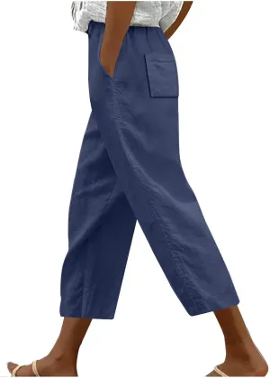 Women Linen Pants Solid Elastic Pants Long Drawstring Linen Women Waist Cotton Casual Slit Trouser Legs Slacks for