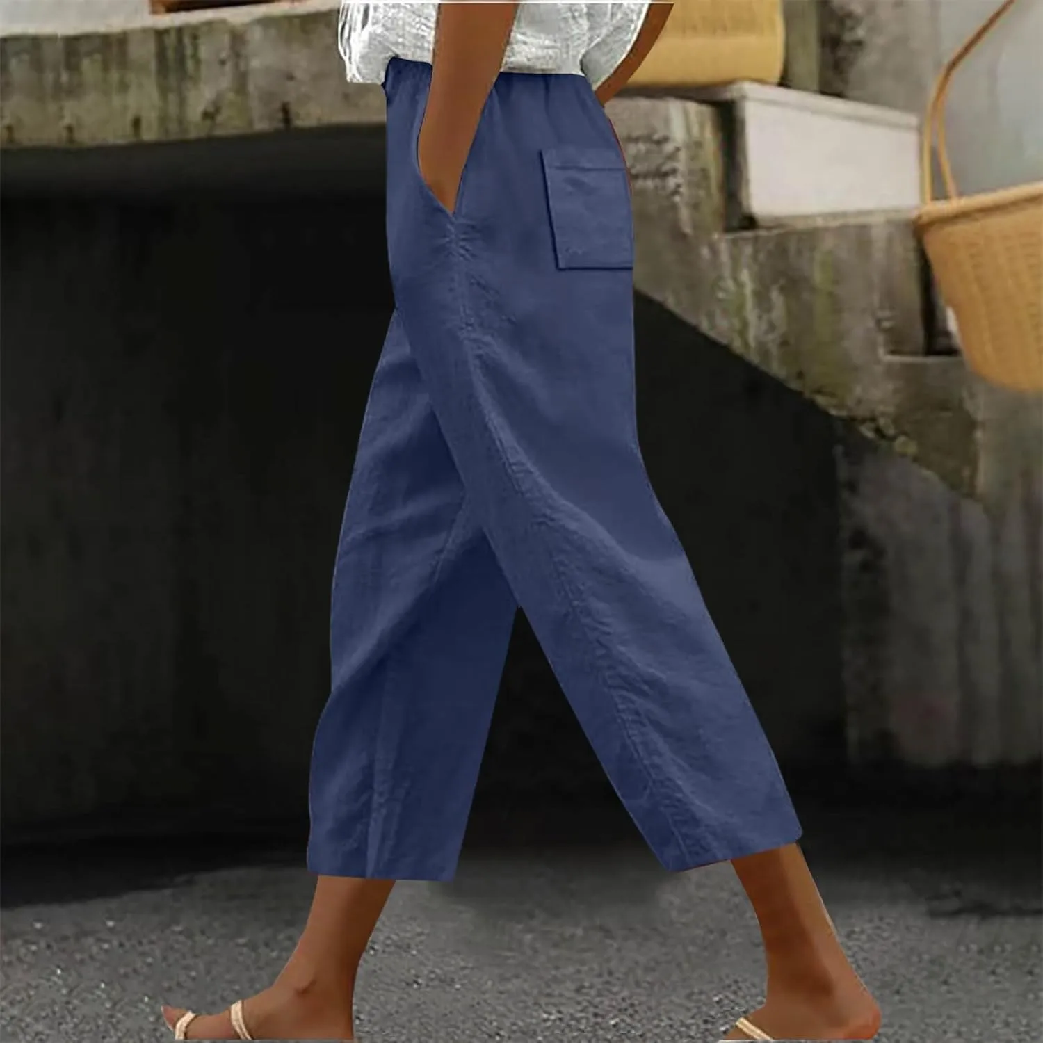 Women Linen Pants Solid Elastic Pants Long Drawstring Linen Women Waist Cotton Casual Slit Trouser Legs Slacks for