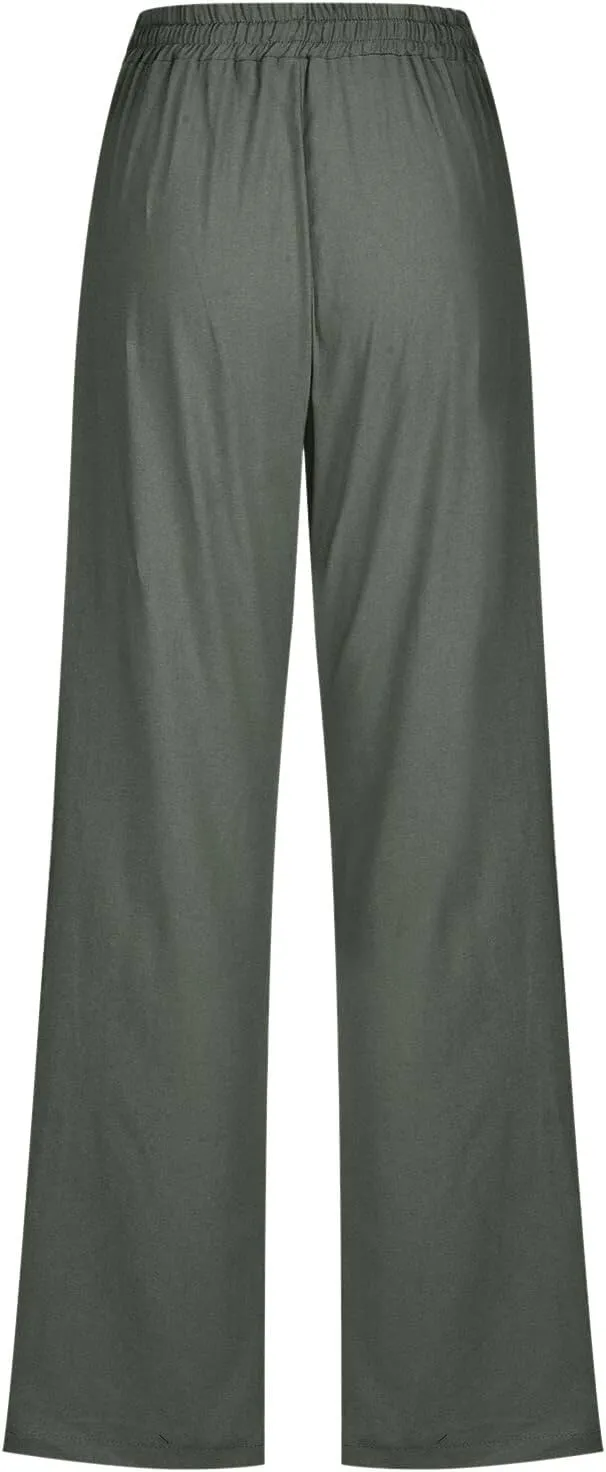 Women Linen Summer Casual Flowy Palazzo Pants Elastic Waist Lounge Pants Loose Fit Pants Beach