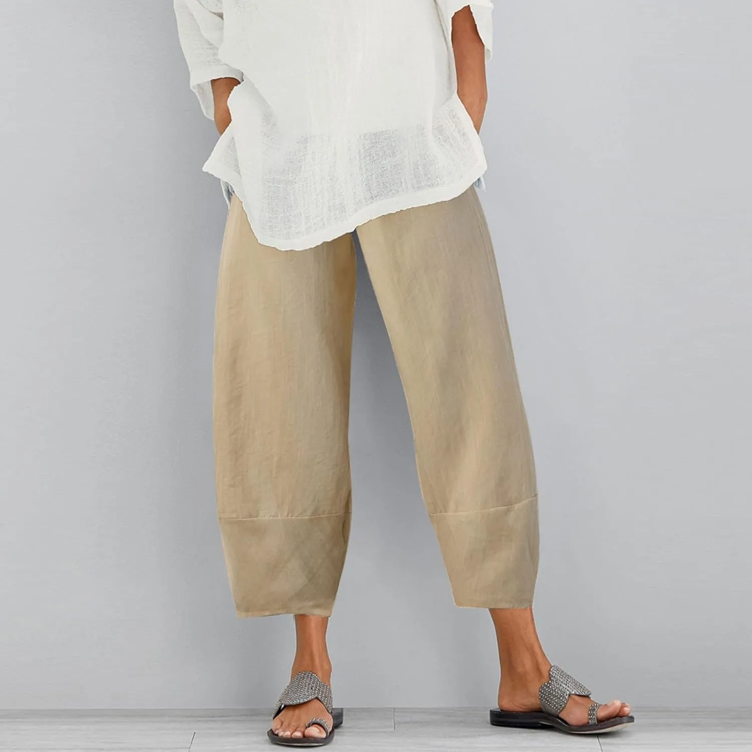 Women Linen Summer Casual Loose Pants Elastic Waist Lounge Pants Slim Fit Palazzo Pants Trendy