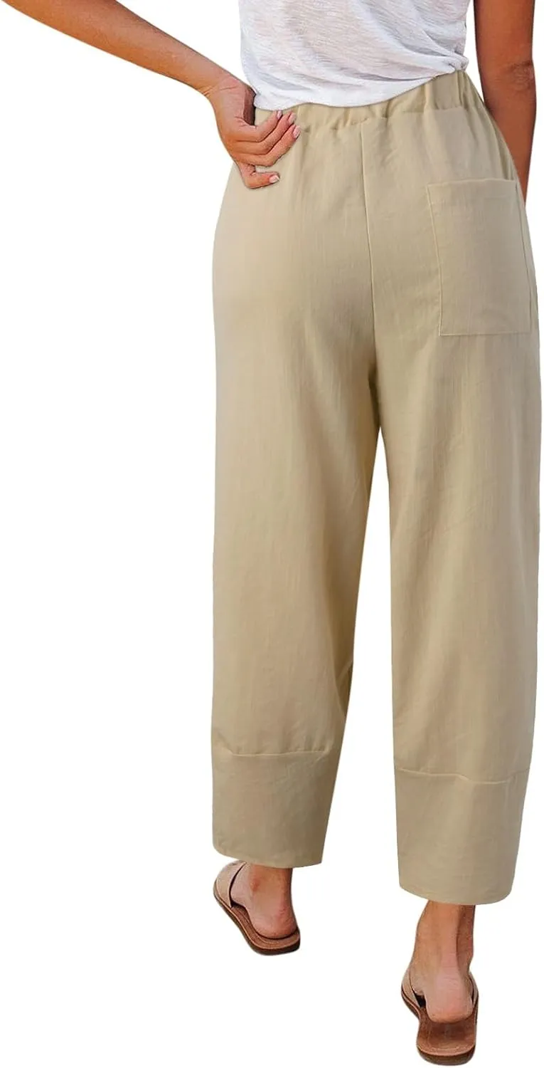 Women Linen Summer Casual Loose Pants Elastic Waist Lounge Pants Slim Fit Palazzo Pants Trendy