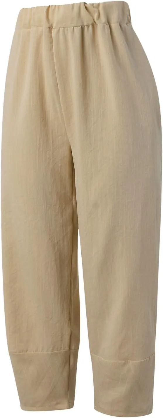 Women Linen Summer Casual Loose Pants Elastic Waist Lounge Pants Slim Fit Palazzo Pants Trendy
