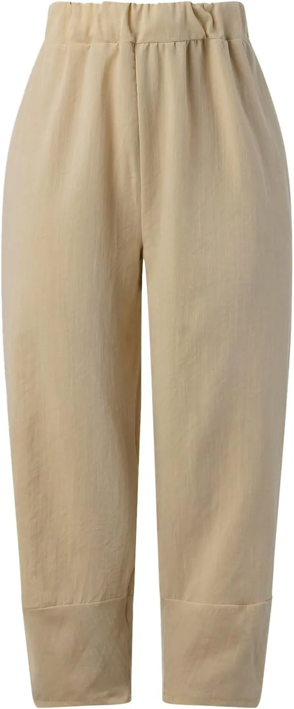 Women Linen Summer Casual Loose Pants Elastic Waist Lounge Pants Slim Fit Palazzo Pants Trendy