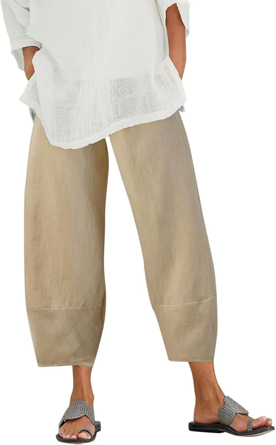 Women Linen Summer Casual Loose Pants Elastic Waist Lounge Pants Slim Fit Palazzo Pants Trendy