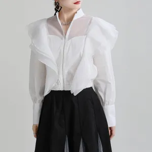 Women Long Layered Sleeves Net Early Fall Zipper Shirts