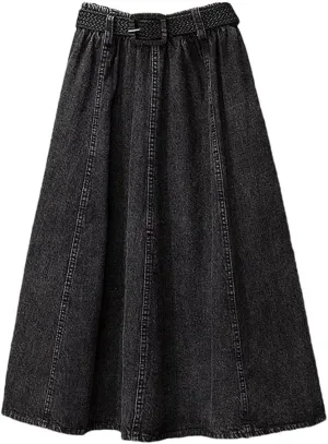 Women Pleated Casual Midi Skirt High Waist Solid A Line Loose Office Lady Jeans Skirts