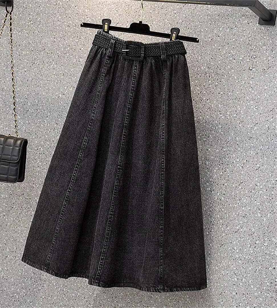 Women Pleated Casual Midi Skirt High Waist Solid A Line Loose Office Lady Jeans Skirts
