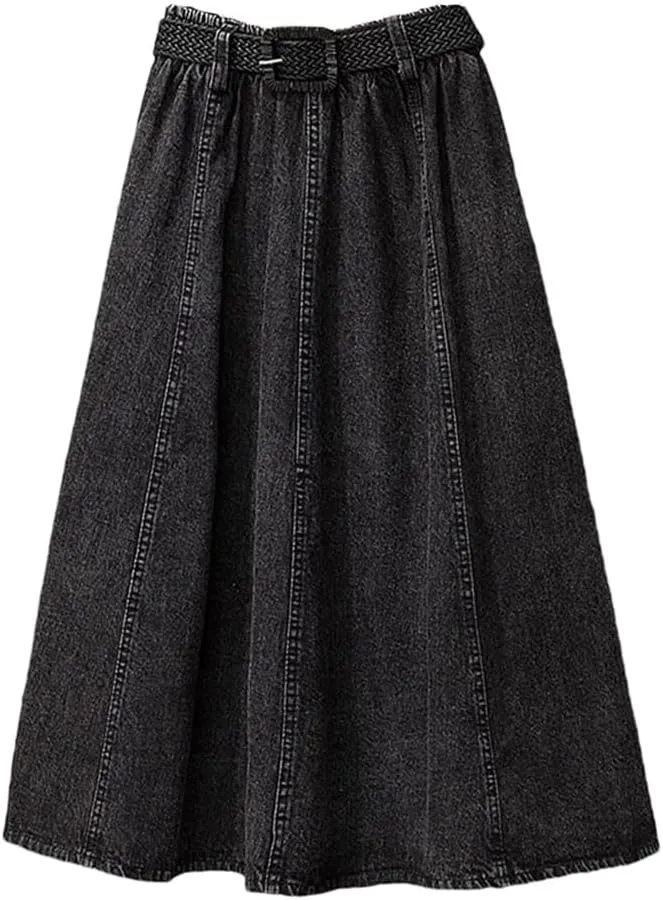 Women Pleated Casual Midi Skirt High Waist Solid A Line Loose Office Lady Jeans Skirts